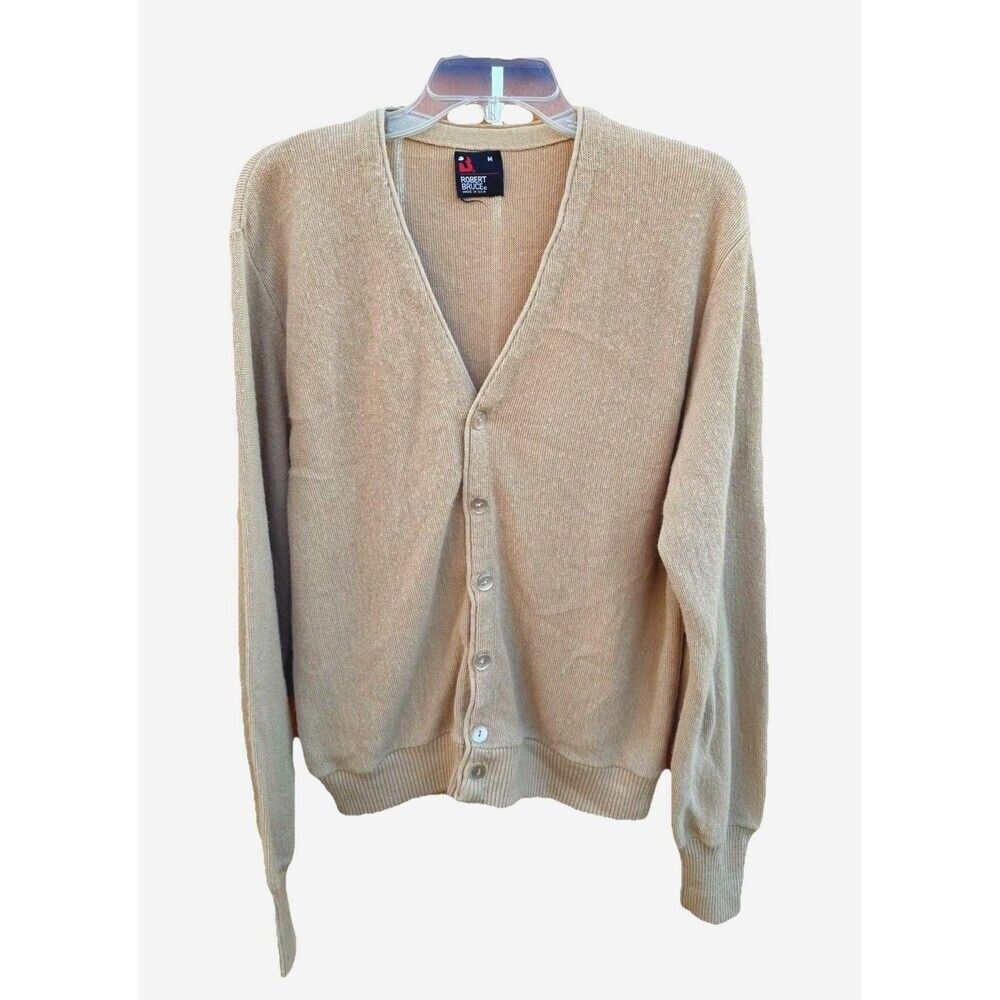Vintage Robert Bruce Grandpa Cardigan Sweater Medium Tan 100% Orlon USA Coastal